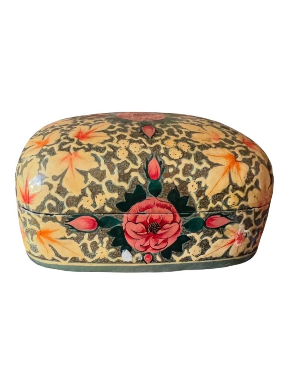Kashmir Papier-Mâché Box & Lid Hand Painted Floral Yellow Green Pink Lotus VTG